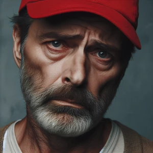 A very painfully concerned fat middle aged man with a red baseba...