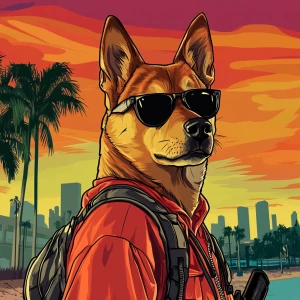 MEME DOGE in GTA art style, , in the style of a Grand Theft Aut...