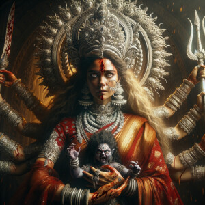 portrait of angry looking goddess durga  carrying a short mahishasur in her two arms and stabbing him with her amazingly designed trident. She is wearing a huge silver crown, red saree, abundant silver jewelry, covered in blood. The scene is set in ancient India. The image is 8K resolution, cinematic, ultra detailed face and epic.