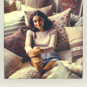 Polaroid, girl, bed, posing, shorts