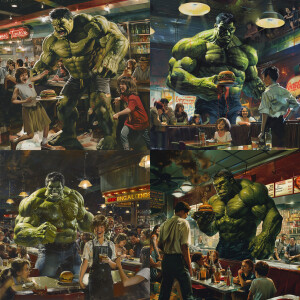 Hulk scaring off a waiter in a packed diner, with kids screaming...