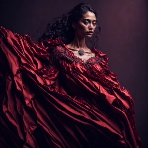 Create a stunning artwork of a beautiful woman in a red dress, w...