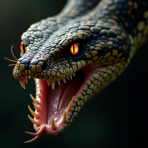 a magnificent Snake,fangs showing, it's mouth open and eyes look...
