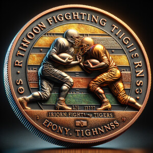 Create a coin, the coin is copper, gold and silver, the coin has two gootball players going head to head.  The coin reads"Ironton Fighting Tigers"