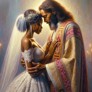 Imagine a hyper-realistic oil painting that captures a tender moment between theAfrican American bride and her God. The setting is intimate and filled with soft, warm lighting that enhances the emotional depth of the scene. The bride, in herexquisite wedding gown, shares a heartfelt embrace with her african-American Lord Jesus , who is dressedin an elegant outfit that complements the wedding's color scheme. Their expressions are full of love, pride, and joy, reflecting the special bond between them. Theattention to detail is paramount, from the intricate designs of their dresses to the subtle emotions conveyed in their facial expressions. The background is a blur ofgentle pastel hues, ensuring that the focus remains on this touching moment. Thispainting should convey the warmth, love, and depth of the relationship, with the rich textures and vibrant strokes characteristic of oil paintings, capturing the essence of this significant pre-wedding moment.