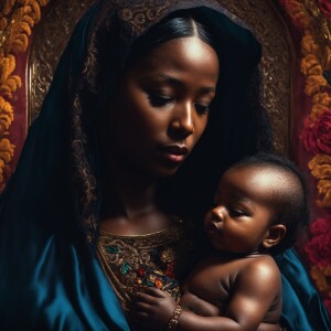 Black Virgin Mary holding baby Jesus
