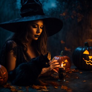 Photorealistic image. Beautiful witch fair skin brewing up some...