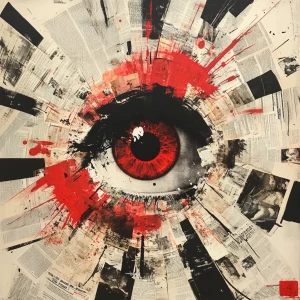 Dadaist typographic collage with newspapers, ink splashes, abstr...