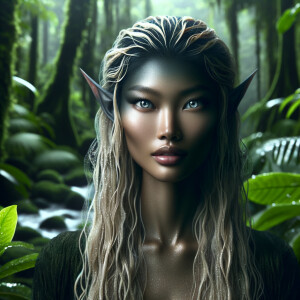 create a hyper realistic elven Blasian women standing in a rainf...