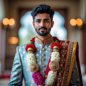 Photography, look to the front, a groom in a traditional sherwan...
