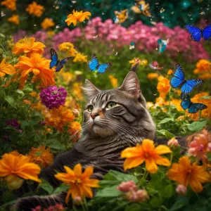 Create an image of a radiant, glossy-furred healthy cat reclinin...