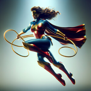 Wonder Woman floats midair, her signature golden lasso dangled e...