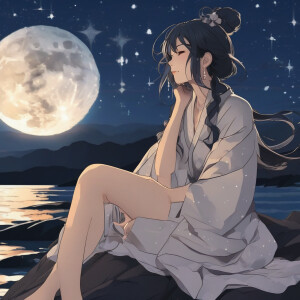 a woman chilling by the sea, accompanied by stars and moon in the sky