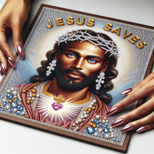 A 3D realistic artwork featuring the phrase 'Jesus Saves' adorne...