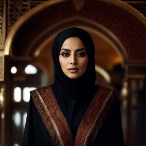 A Kuwaiti lady, adorned in a dark brown abaya, gazes into the ca...