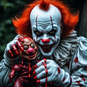 Sinister clown with white and black face paint is holding a lif...