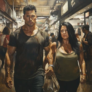 Realism art,A muscular man, glistening with sweat, walks with hi...