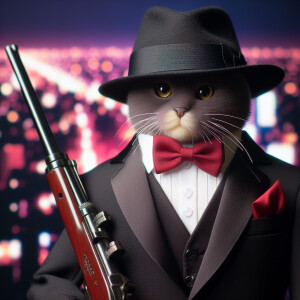 cat in a tuxedo, fedora hat, red scarf in pocket, Thompson rifle...