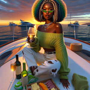 Oil painting: Sitting on a yacht drinking wine, cheese ham and c...