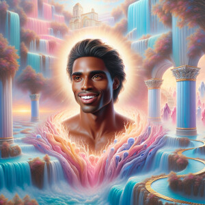 A hyper-realistic 3-Dh oil painting colorful waterfall out of th...