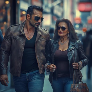 Photorealism,fantasy,a bodybuilder man ,walking with his 50 year...