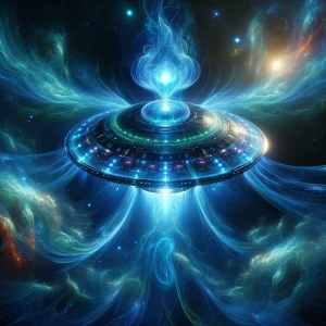 A dazzlingly luminescent alien spacecraft drifts through the vas...