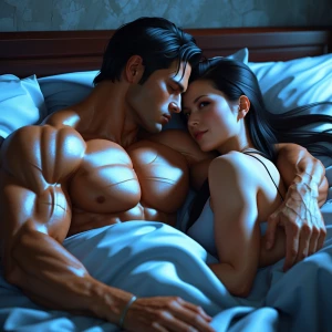 "Create an intimate image of a muscular man with tan skin and bl...