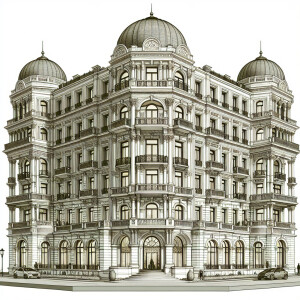 Design a four-story luxury hotel with a classic façade, featurin...