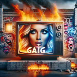 A pretty blonde woman being hypnotized by a tube TV with the wor...