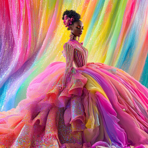 Describe the image featuring a person adorned in a brightly pink...