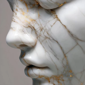A feminine statue carved from ultra-polished white marble, but w...