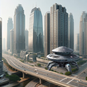 4k quality, drone over futuristic high rise buildings, Alien shi...