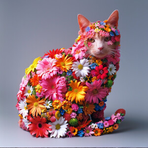 Imagine a cat with a body covered in a vibrant array of blooming...