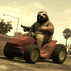 Sloths slerf meme..Riding lawnmower with pistol, in GTA San Andr...