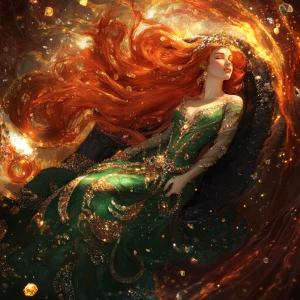 A celestial, high-angle composition. A radiant, fiery-haired God...