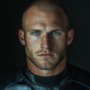 Create a dramatic portrait of a man now aged 24, image of a bald...