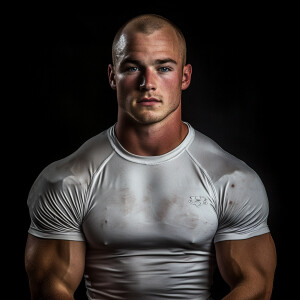 Create a body portrait image of a twenty year old man who’s bald...