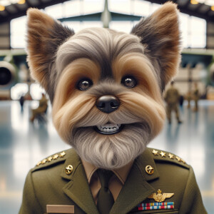 Antropomorphic old yorkie clad in Army outfit and general stars,...