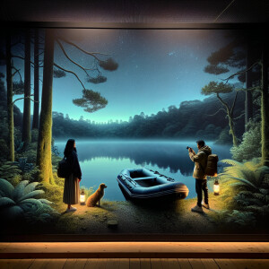 A guy and a girl are standing near Lake Yu. There is an inflatab...