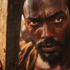 A close-up, gritty cinematic shot of African Jesus's face, etche...