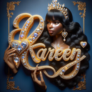 Craft a 3-D image showcasing the name 'KAREN' in a luxurious gol...