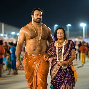 A gujarati muscular man sweat on body walking with his 54 year o...