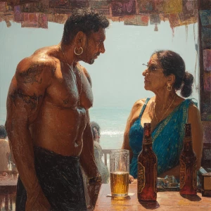 Hyperrealism painting,a muscular sweaty beefy criminal son-in-la...