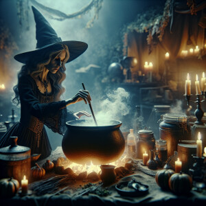 A witch brewing a potion in a cauldron (8k, RAW photo, best qual...