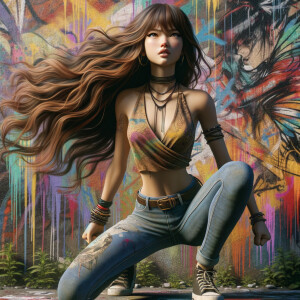 teenage girl, long brown hair and bangs, wearing tight skinny je...