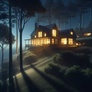 A quiet house sits atop a hill, surrounded by tall, whispering t...