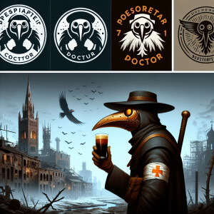 Plague doctor in the world of Fallout, standing against the back...