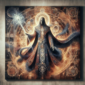 A magically enigmatic enchanter, his silhouette dancing with int...