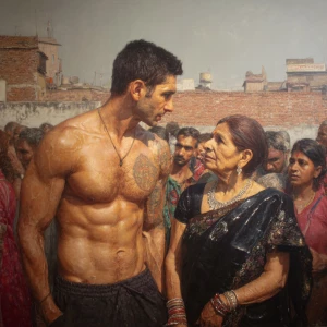 Hyperrealism photo painting. a muscular, sweaty criminal man  gr...