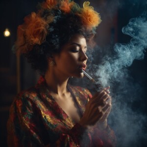 A acrylic paint portrait of a lady smoking a cigarette, in the s...